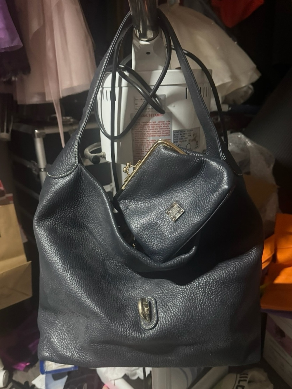 Classic Black Leather Shoulder Bag with Coin Pouch